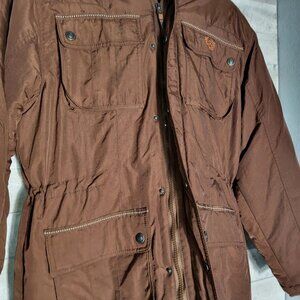 Y2K PHAT FARM coat brown cargo pockets fur trimmed hood utility.